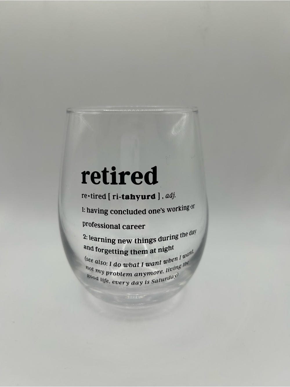 NEW Retired Stemless Wine Glass with Definition Print